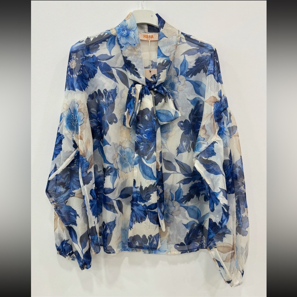 MADE IN ITALY Floral  Blouse with Tie Neck